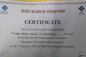 MRCE bags the “Best Branch Presentation” Award at IEEE Delhi Student Congress 2015