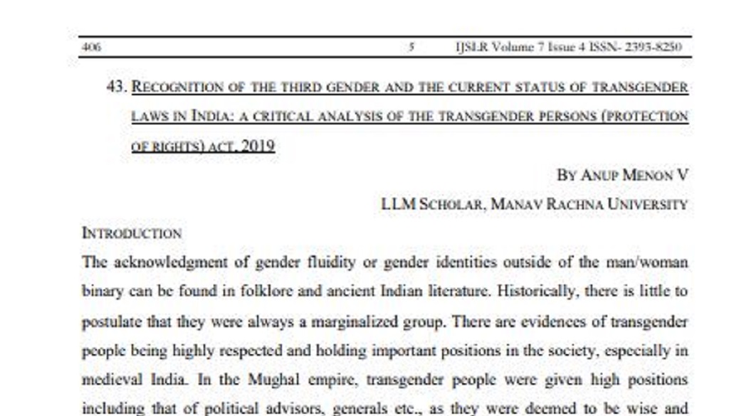 <center>Article Published in International Journal of Socio-Legal Research