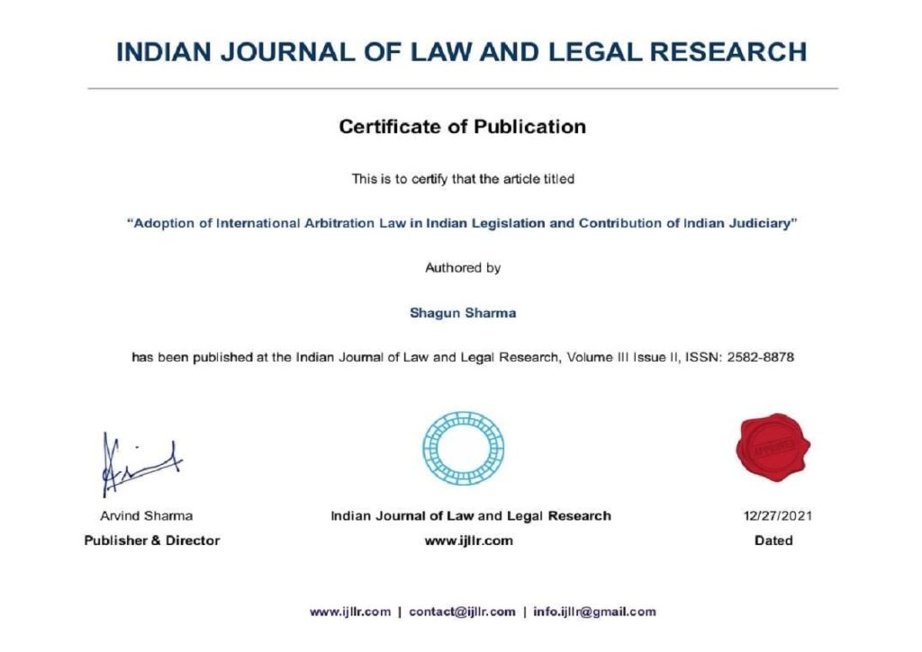 <center>Article Published in Indianl Journal of Law and Legal Research by Shagun Sharma 1